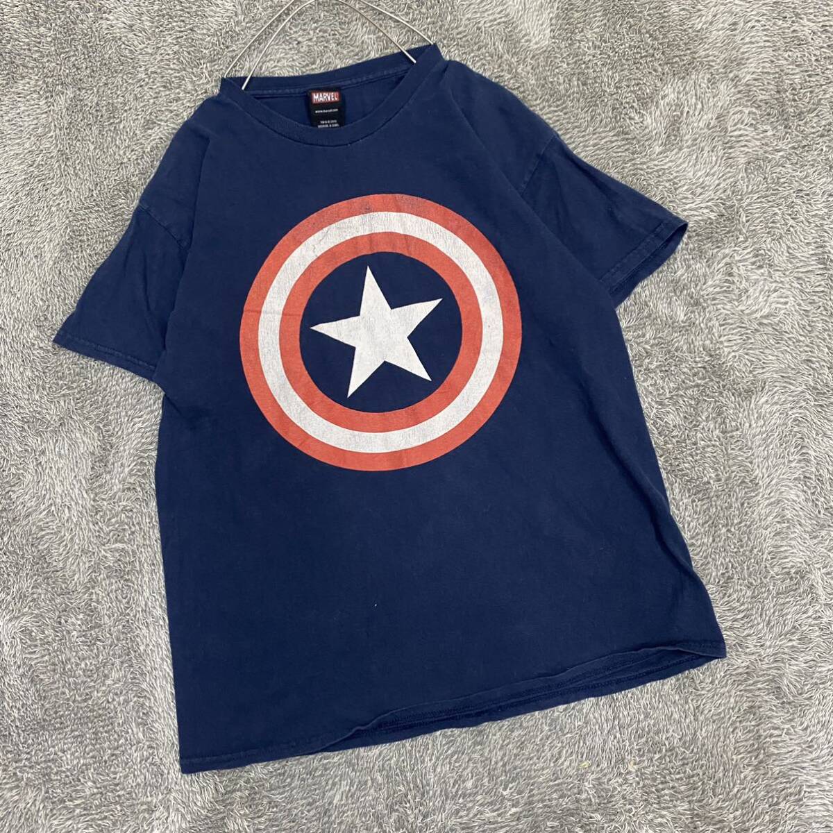 US古着 MARVEL マーベル キャプテンアメリカ Tシャツ 半袖カットソー ネイビー 紺色 メンズ トップス 最落なし （O18）_画像1