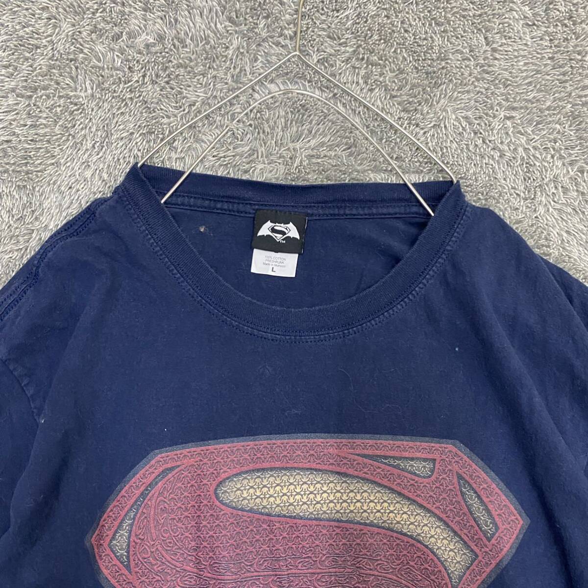 US古着 SUPERMAN スーパーマン Tシャツ 半袖カットソー サイズL ネイビー 紺色 メンズ トップス 最落なし （Q18）_画像3