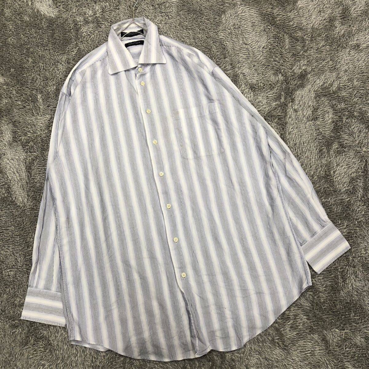 NAUTICA ノーティカ ドレスシャツ ホリゾンタルカラー 長袖シャツ サイズ16-32/33 ブルー ホワイト メンズ トップス 最落なし （E19）の画像1