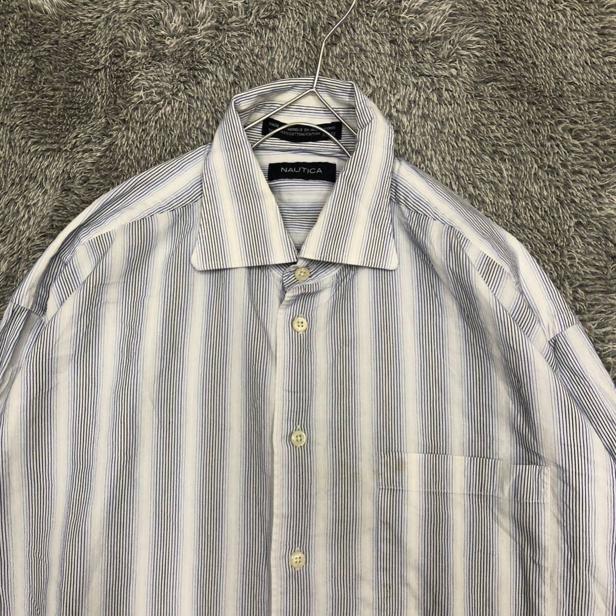 NAUTICA ノーティカ ドレスシャツ ホリゾンタルカラー 長袖シャツ サイズ16-32/33 ブルー ホワイト メンズ トップス 最落なし （E19）の画像3