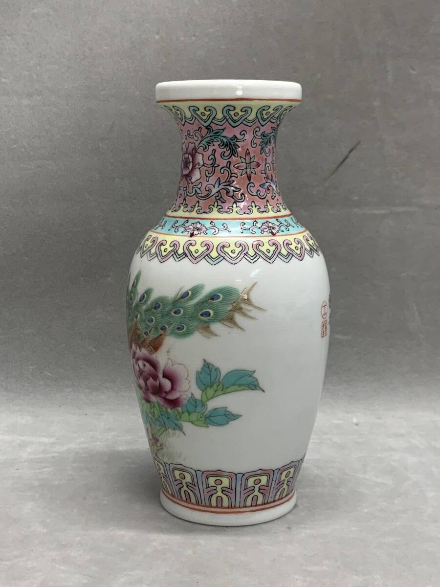 4＃C/3965　景徳鎮 粉彩花鳥紋瓶　色絵　中国古陶磁　花道具　茶道具　花器　景徳鎮製　60サイズ_画像2