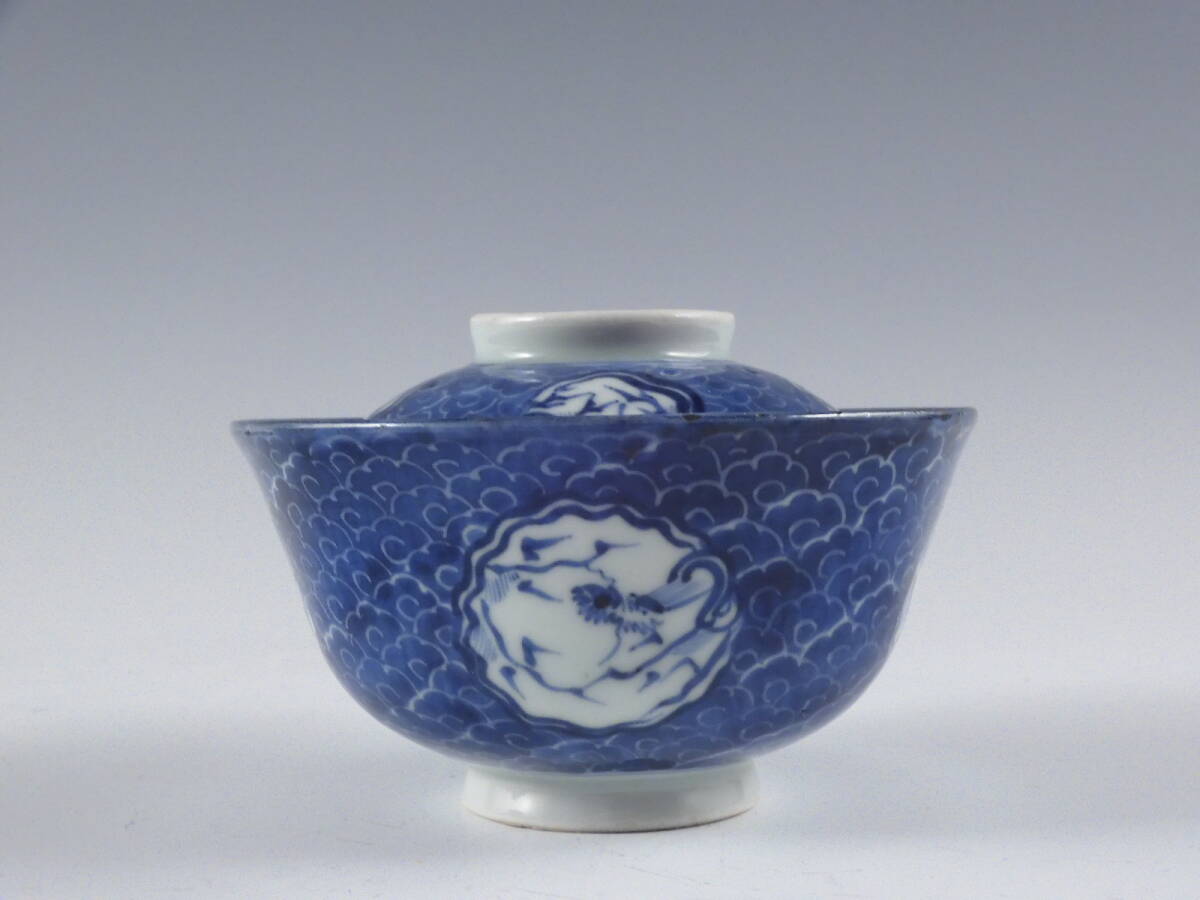 ○栄○古伊万里 染付 窓絵 雲龍図 蓋茶碗 5客 茶懐石 無傷完品 江戸期 35kw570_画像4