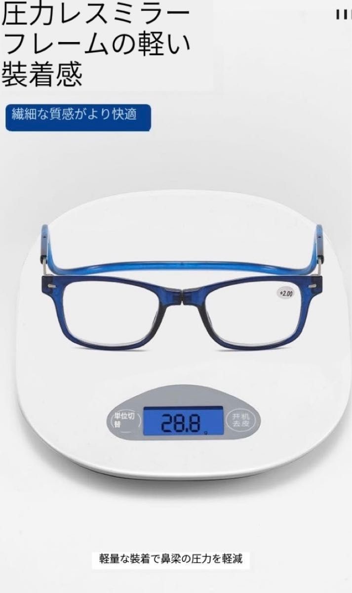 老眼鏡+1.5  老眼鏡  マグネット首掛け ブルー　男女兼用  メガネ 眼鏡 度入り ザ老眼鏡 Blue