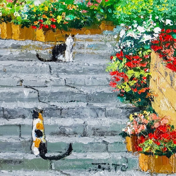 油彩画 伊東拓実 F4号 「花の階段道」 額付き 新品 油絵 手描き 肉筆画 猫のいる風景 二匹のネコ 絵画 アートフレームの画像3