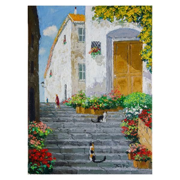 油彩画 伊東拓実 F4号 「花の階段道」 額付き 新品 油絵 手描き 肉筆画 猫のいる風景 二匹のネコ 絵画 アートフレームの画像2