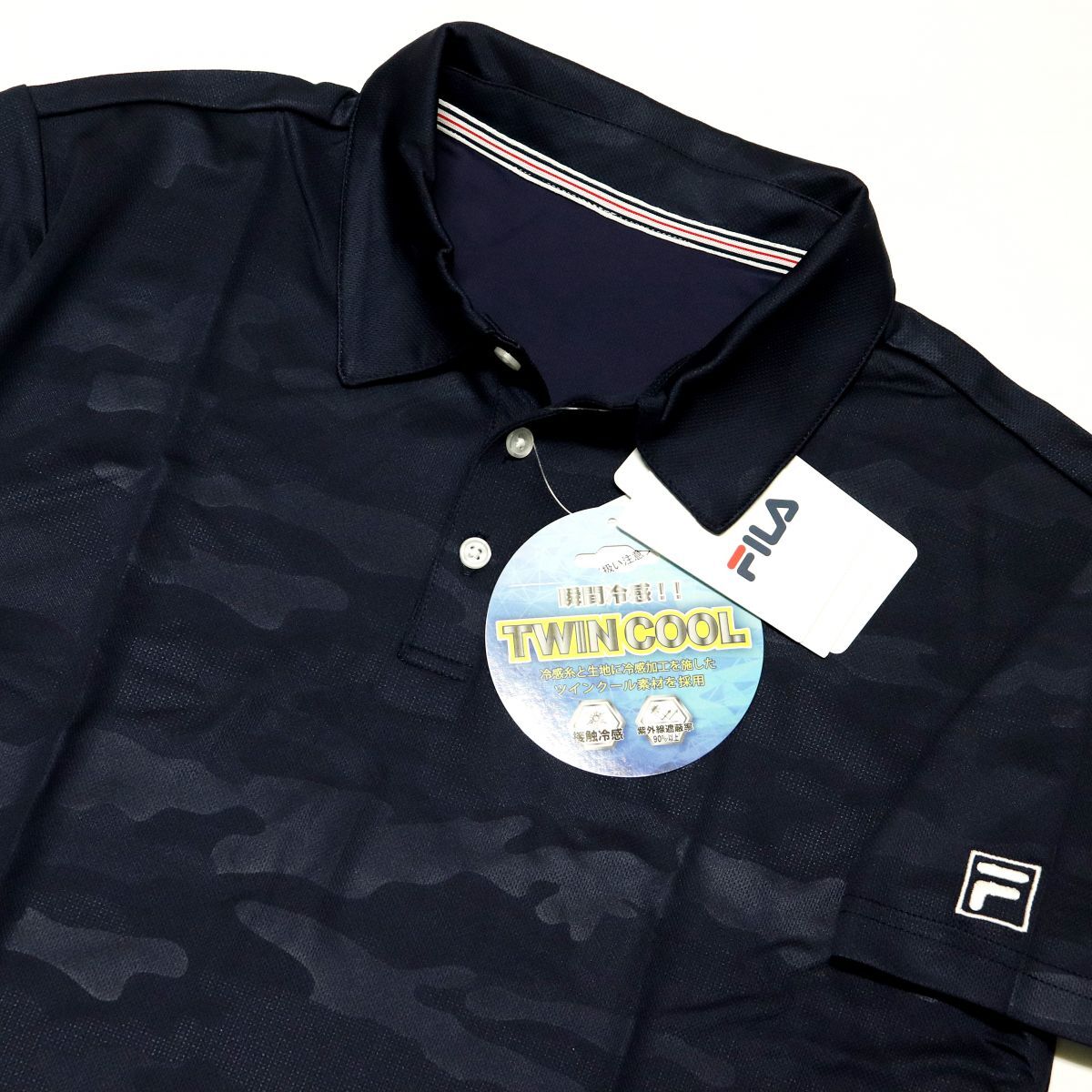 ●送料390円可能商品 フィラ FILA ゴルフ GOLF 新品 メンズ UVCUT COOL 涼感 半袖 ポロシャツ 迷彩 紺 XL [412307-NV-LL]一 三 参★QWER_画像1