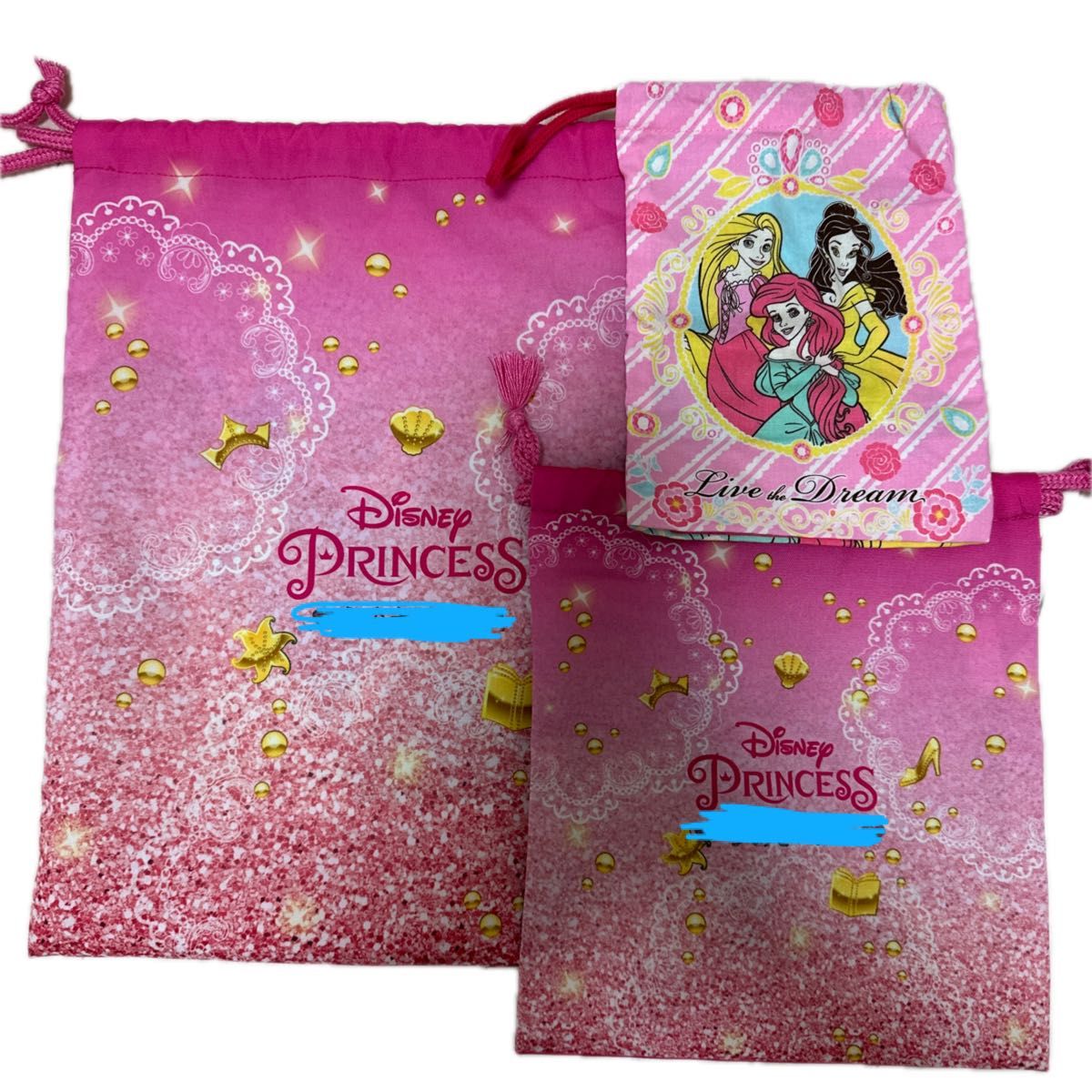 プリンセス☆巾着3点セット☆ コップ袋 給食袋 巾着袋 ピンク 巾着 ディズニープリンセス 大中小