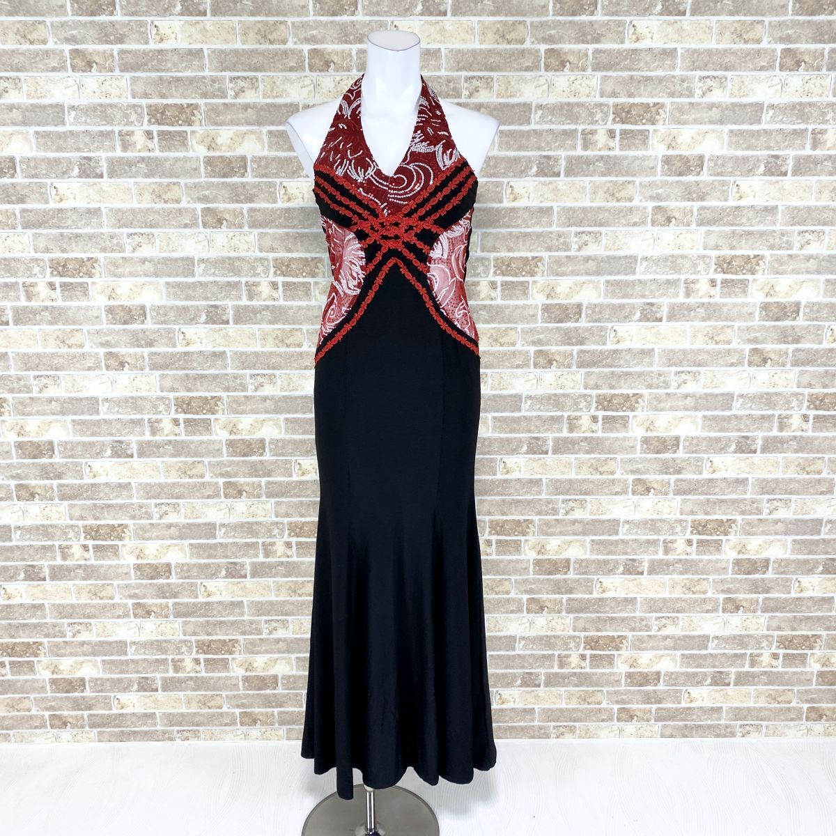 1円 ドレス ZIZI Dress ホルターネックドレス 赤黒 カラードレス キャバドレ 発表会 イベント 中古３２８７の画像1