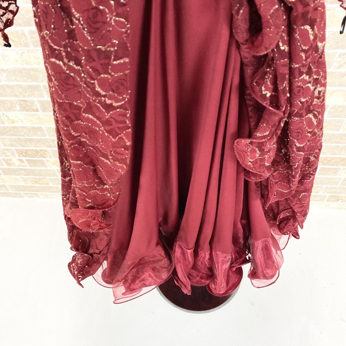 1円 社交ダンスドレス 赤 ダンス衣装ドレス 繊維飛び出し有 カラードレス  発表会 舞台衣装 イベント 中古３８６８の画像9