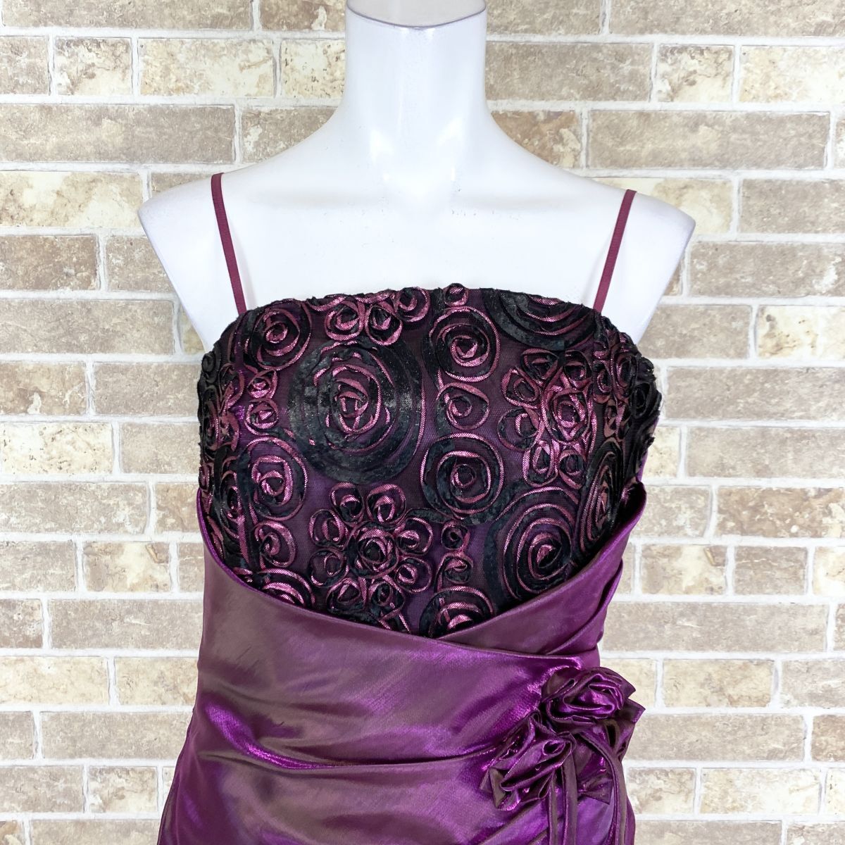 1円 ドレス JK2 ロングドレス 赤紫光沢 カラードレス キャバドレ 発表会 イベント 中古３９１８の画像5