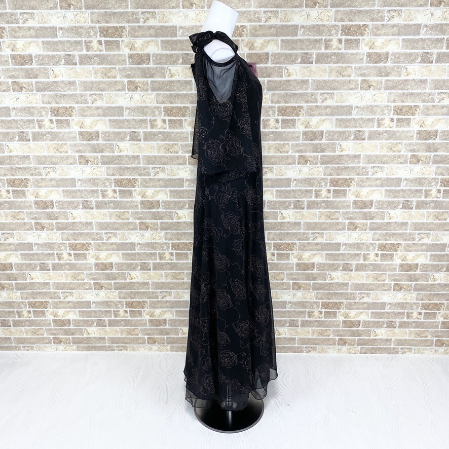 1円 ドレス JUN 舞台衣装 ロングドレス 88大きなサイズ 黒柄 カラードレス キャバドレ 発表会 イベント 中古３６２４の画像3