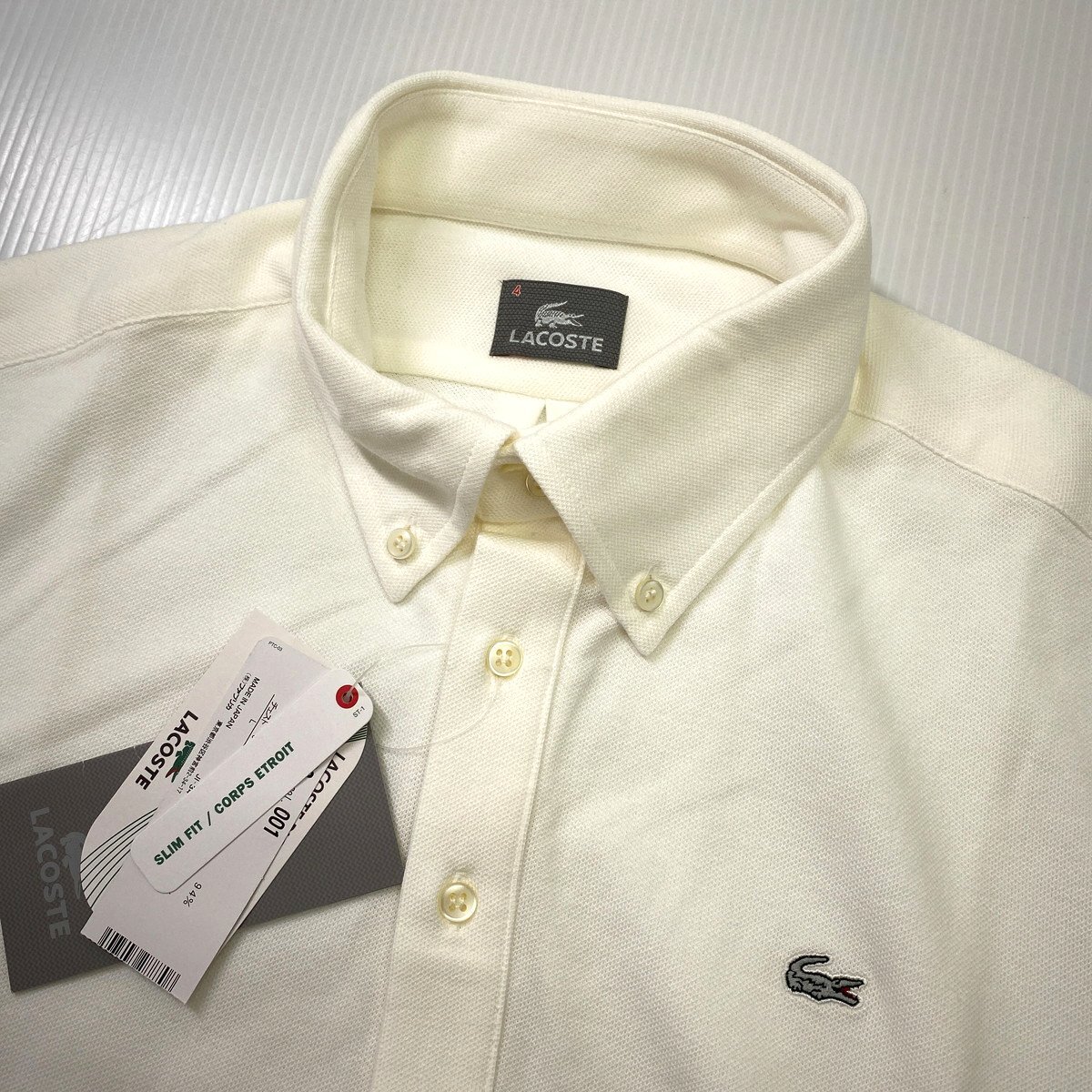 【新品】LACOSTE ラコステ ボタンダウン ストレッチ ポロシャツ 4 ホワイト 白 半袖 銀ワニ 日本製 KH002Cの画像3