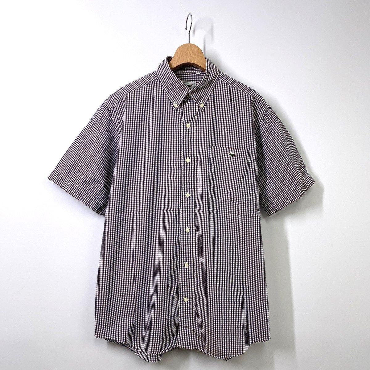【美品】LACOSTE ラコステ ボタンダウン チェックシャツ 3 パープル 紫 半袖シャツの画像1