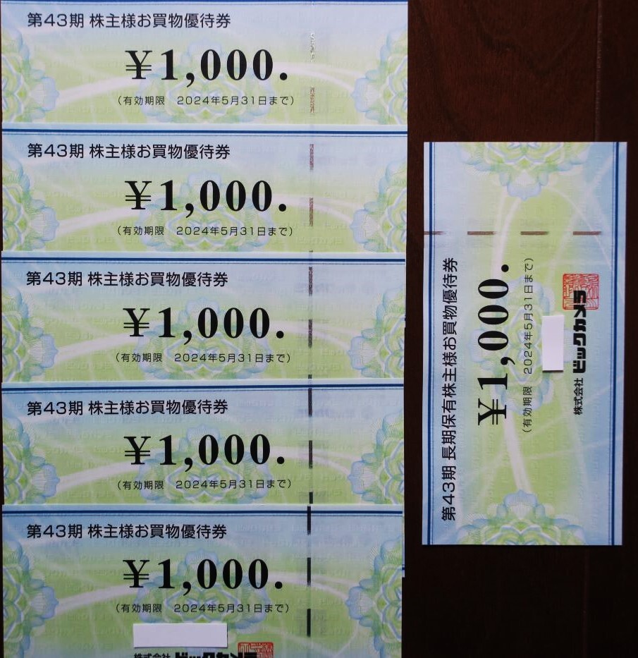 株式会社 ビックカメラ　株主お買物優待券 6,000 円分（1,000 円券× 6 枚） 2024/05/31迄_画像1