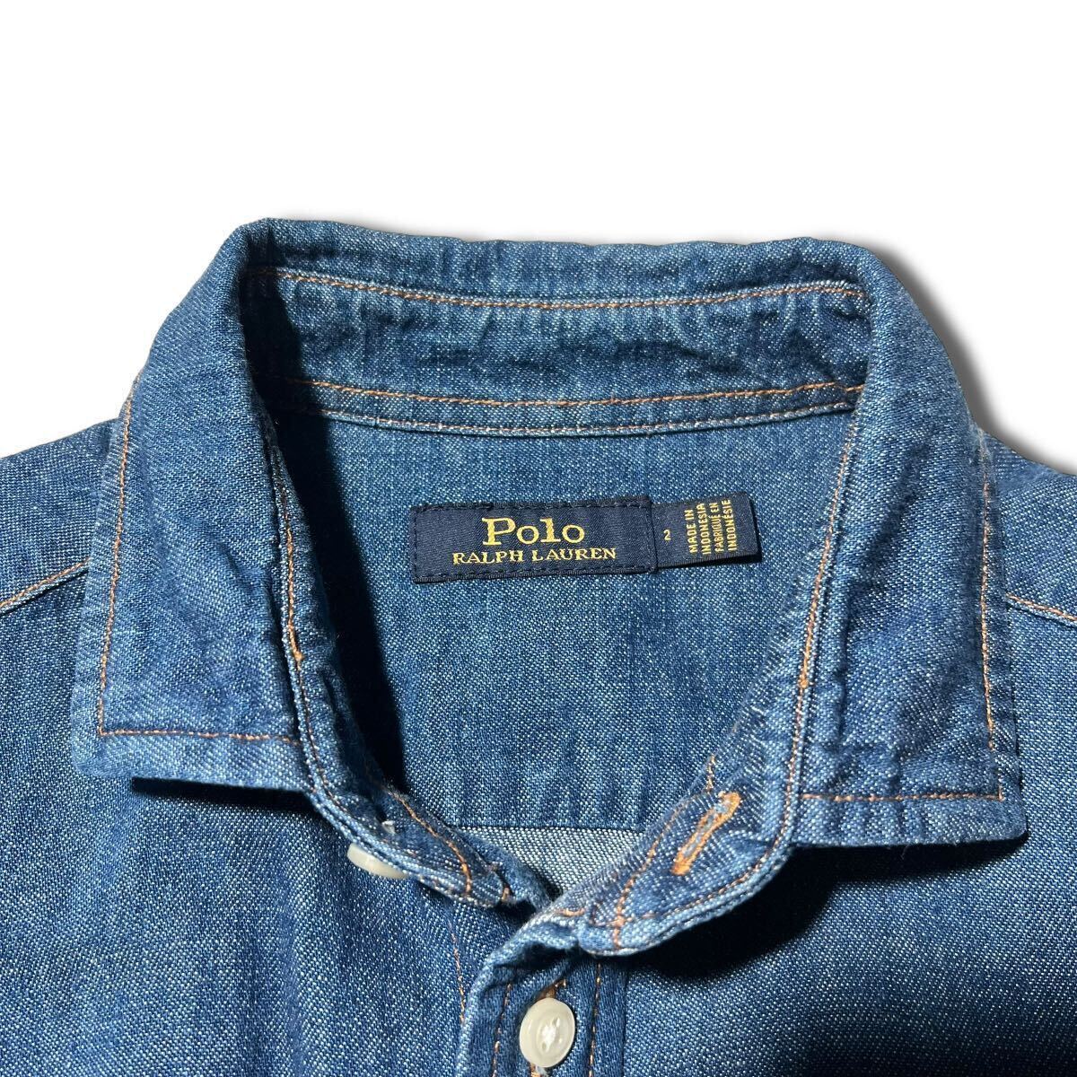 極美品 POLO RALPH LAUREN デニム シャツ ワンピース ロング ドレス ベルト付き 2 ポニー 刺繍 ポロ ラルフローレンの画像6