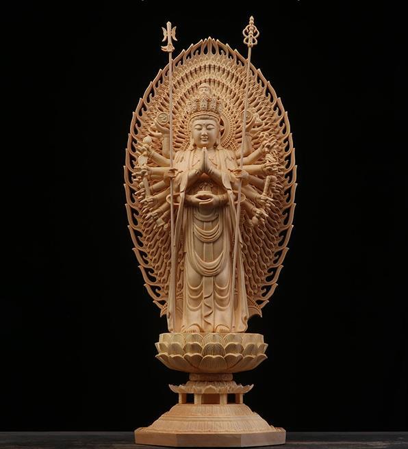 仏教美術 精密彫刻 仏像 手彫り 八角台座 桧木製 千手観音菩薩 高さ約43ｃｍ_画像1