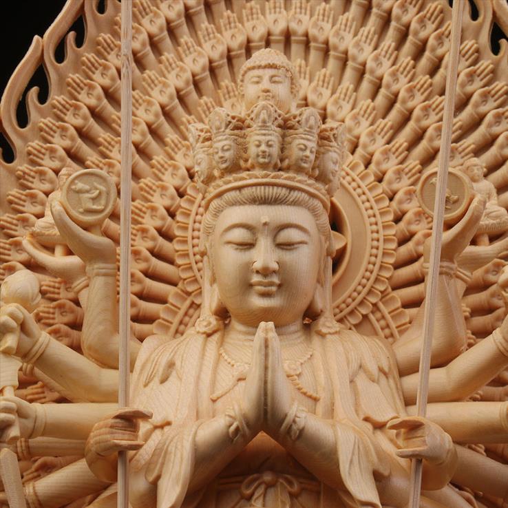 仏教美術 精密彫刻 仏像 手彫り 八角台座 桧木製 千手観音菩薩 高さ約43ｃｍ_画像6
