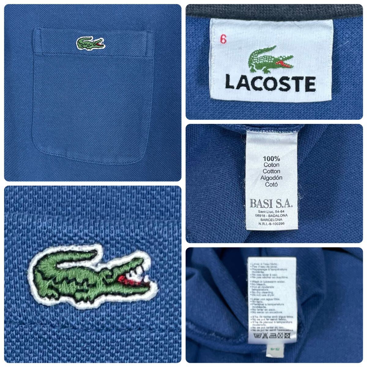 ☆王道ブランド☆レアカラー☆LACOSTE ラコステ ワニ 胸ポケット ティップライン 鹿の子 半袖ポロシャツ サイズ6 くすみブルー XL相当 古着の画像10