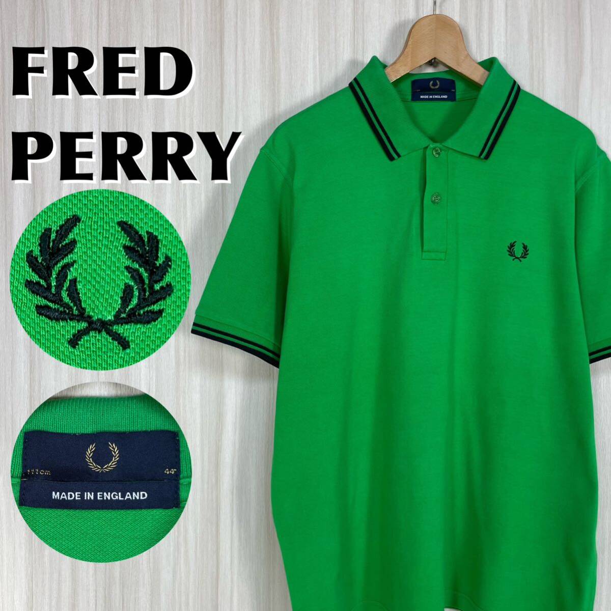 * трудно найти * прекрасный товар * Британия производства * размер 44* FRED PERRY Fred Perry вышивка месяц багряник японский .M12 рубашка-поло с коротким рукавом яркий зеленый Англия производства б/у одежда 