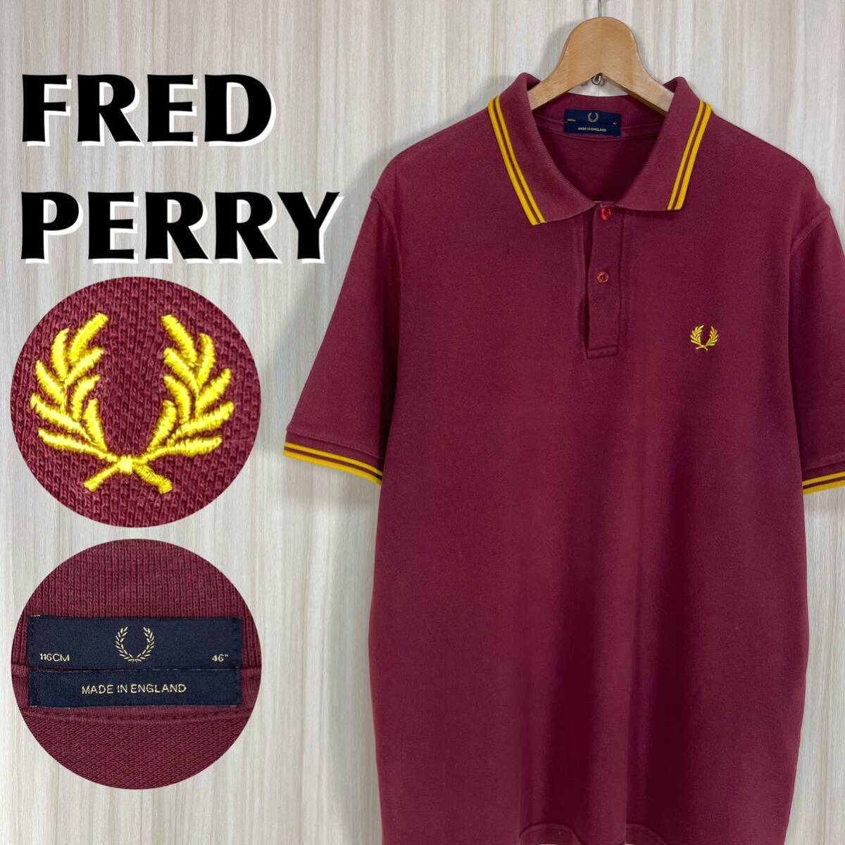 * трудно найти * Британия производства * размер 46* Fred Perry вышивка месяц багряник японский .M12 рубашка-поло с коротким рукавом бордо ie Rollei nXL~XXL Англия производства б/у одежда 