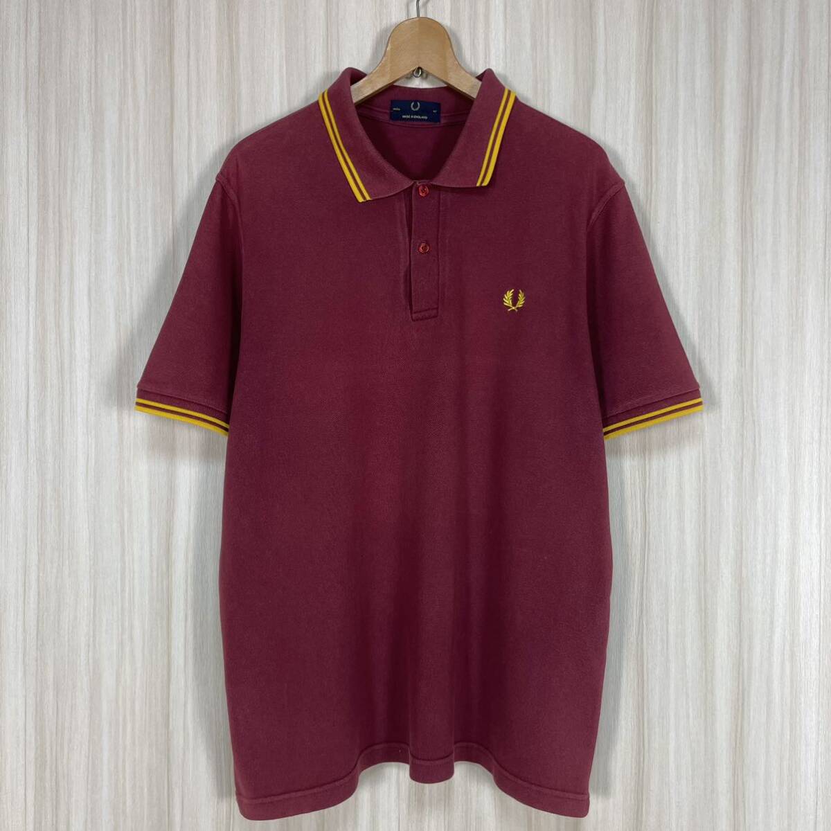 * hard-to-find * Britain made * size 46* Fred Perry embroidery month katsura tree .M12 polo-shirt with short sleeves bordeaux ie Rollei nXL~XXL England made old clothes 