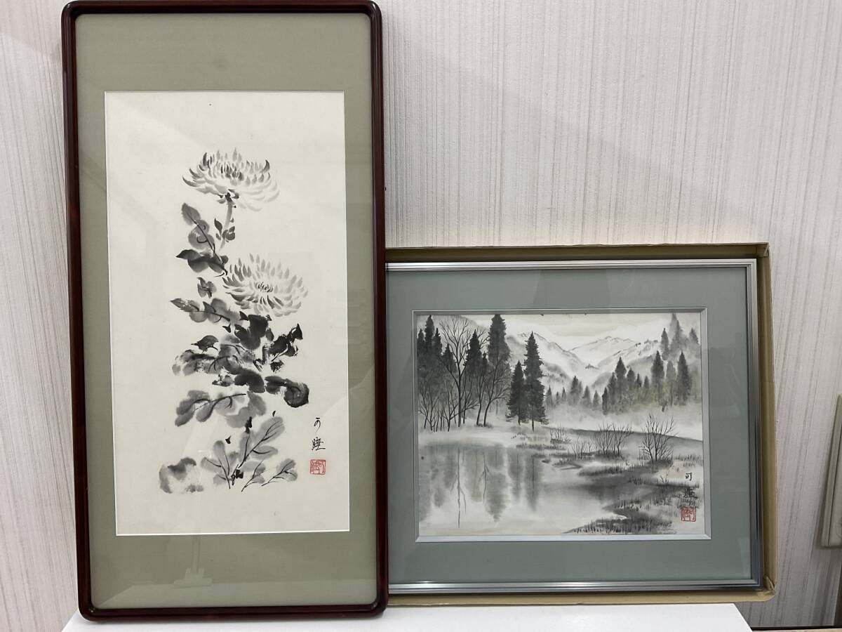 額入 絵 2点セット 絵詳細不明 額サイズ ①約80.5cm×41cm ②約47cm×56cm 【5768】の画像1