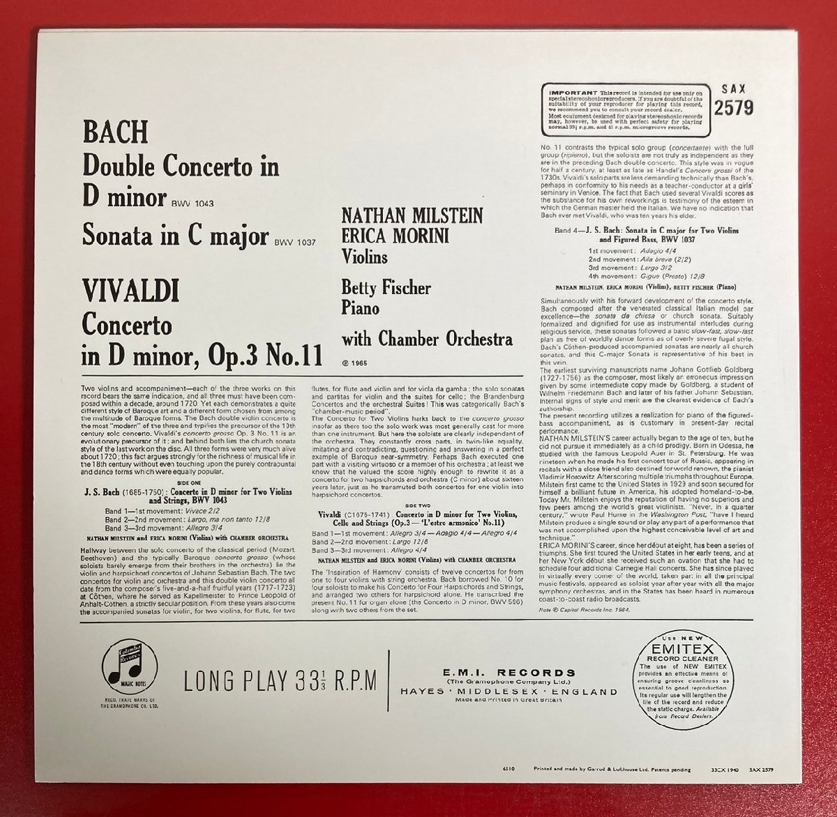【レコードコレクター放出品】 LP ナタン・ミルシテイン エリカ・モリーニ バッハ 2つのヴァイオリンのための協奏曲 フィッシャー 英盤_画像2
