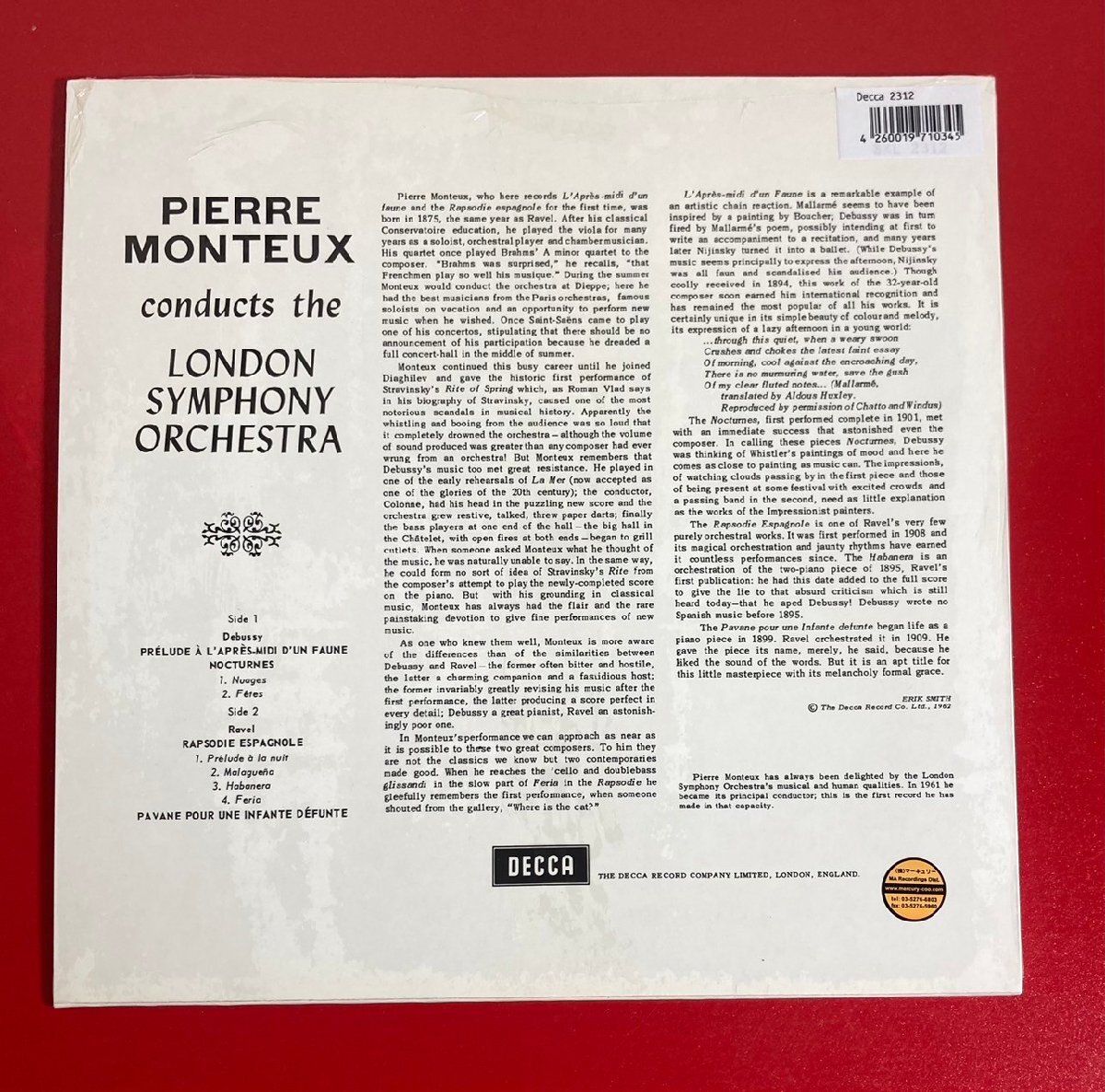 【レコードコレクター放出品】 LP モントゥー ドビュッシー 牧神の午後への前奏曲 DECCA 英盤の画像2