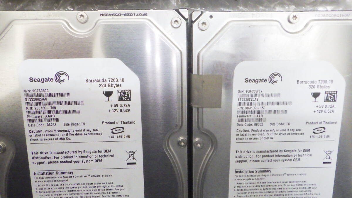 Western Digital Seagate 3.5インチHDD　ハードディスク　WD3200AAJS　ST3320820AS　320GB　SATA　6個セット　中古動作品_画像4