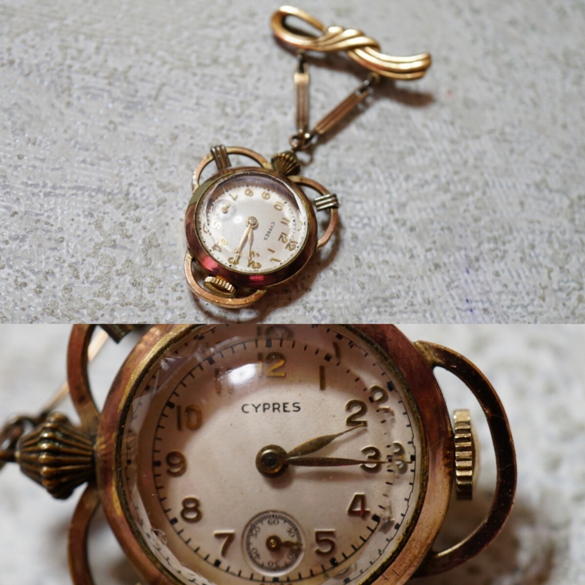 1716 稼働品 CYPRES 手巻き ゴールドカラー 懐中時計 ブローチ ブランド ヴィンテージ アクセサリー アンティーク スイス 時計 装飾品