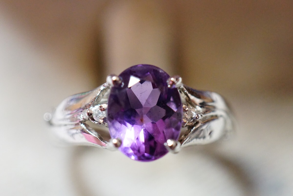 1153 天然アメジスト ダイヤモンド リング 指輪 ヴィンテージ アクセサリー SILVER刻印 アンティーク 天然石 色石 宝石 カラーストーンの画像1