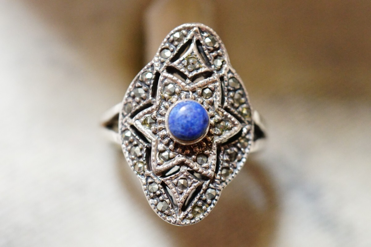 1878 海外製 ラピスラズリ マーカサイト リング 指輪 ヴィンテージ アクセサリー 925刻印 アンティーク 天然石 色石 宝石 カラーストーンの画像1