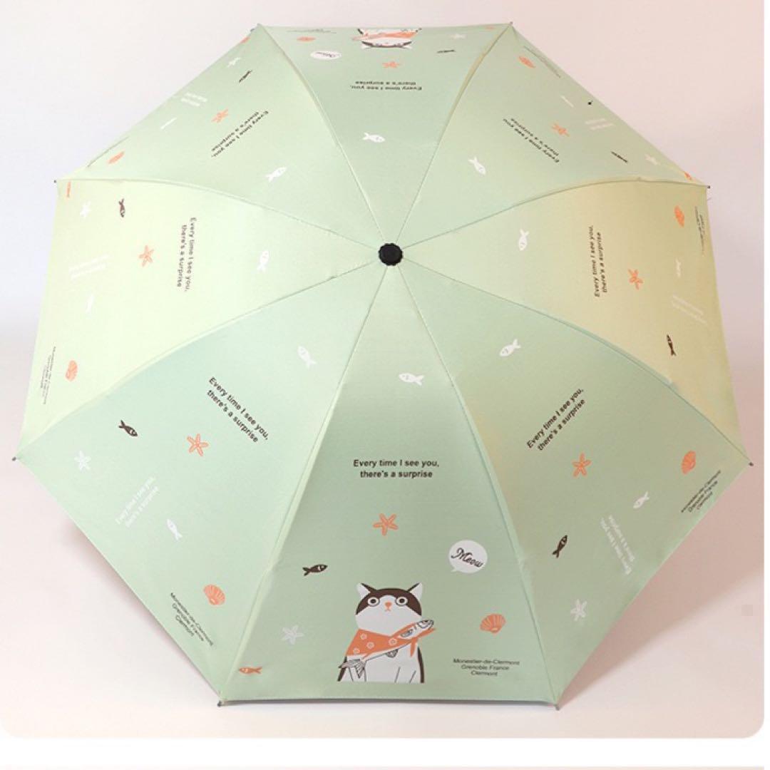 【晴雨兼用 100％完全遮光】折り畳み傘 折り畳み日傘 軽量 風呂敷猫(緑)