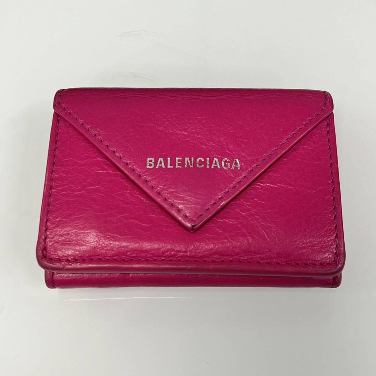 ☆【BALENCIAGA/バレンシアガ】ペーパーミニ 財布 三つ折り レザー ミニウォレット ピンク 391446 小銭入れ_画像1