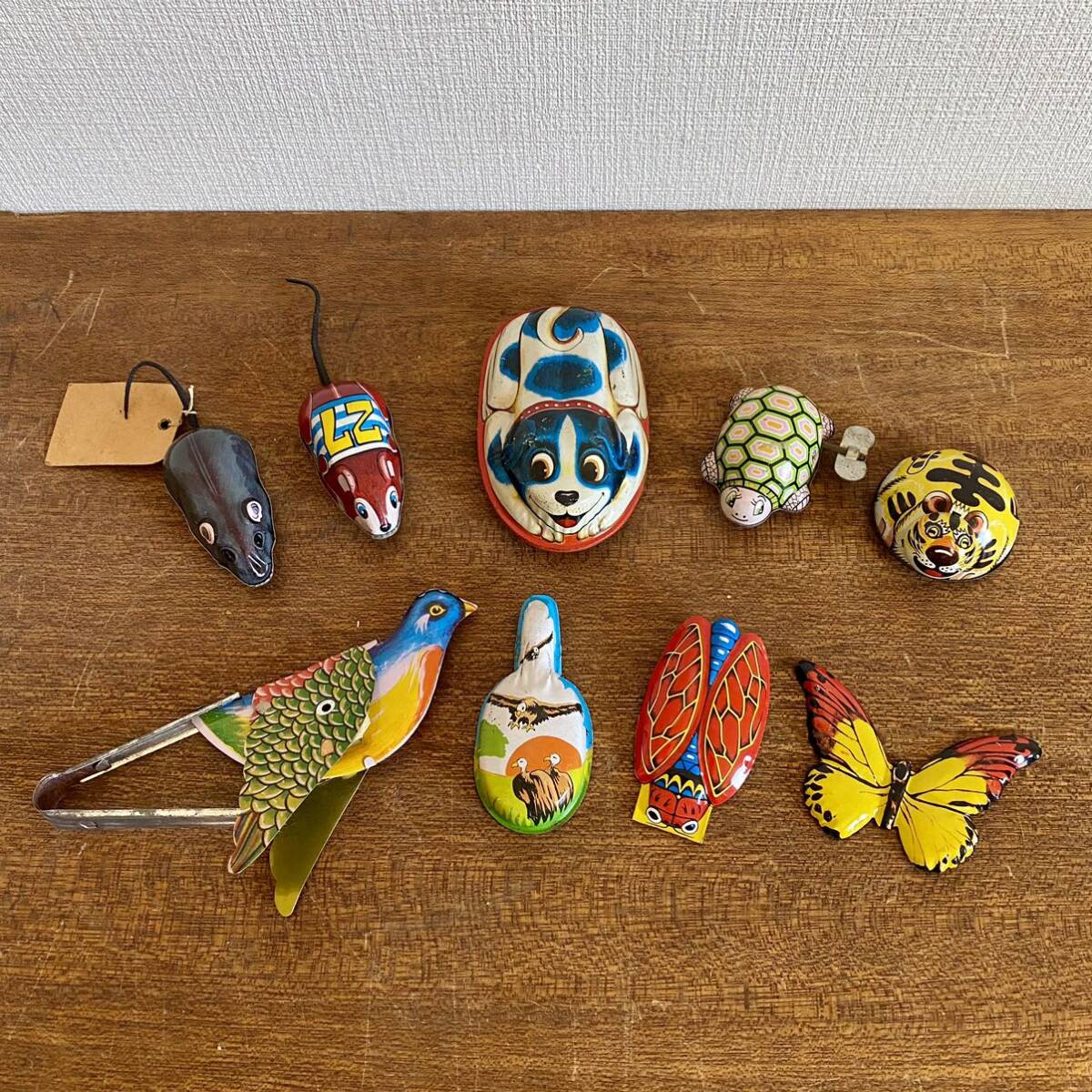  Showa Retro animal tin plate toy 9 point set / sound thing minicar pin badge animal insect bird toy Vintage that time thing 