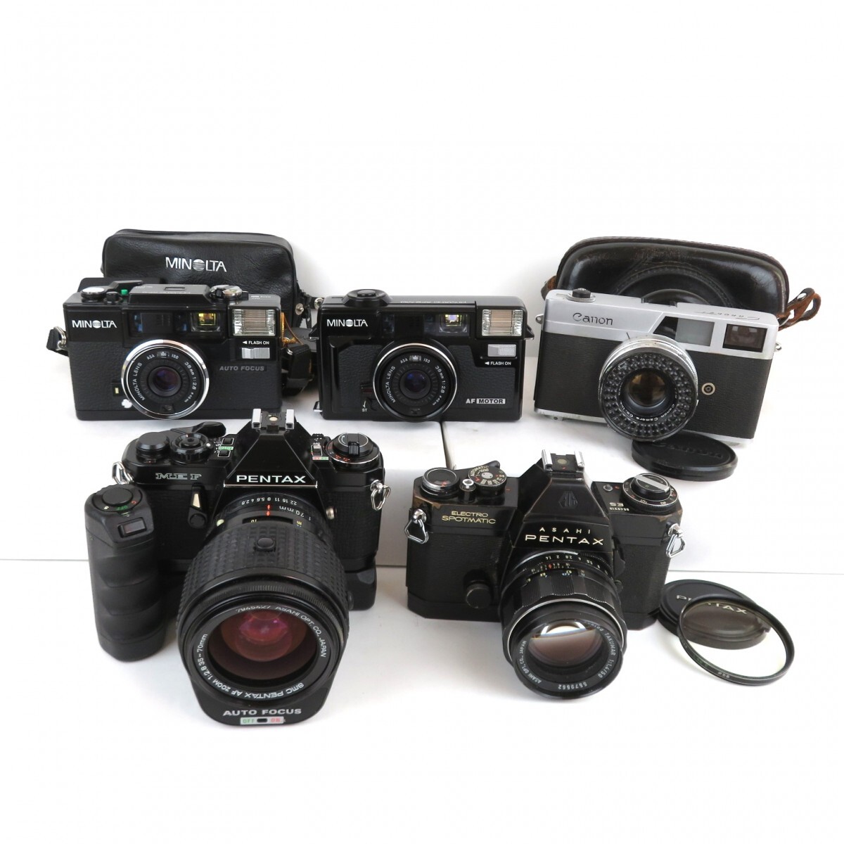 まとめ 5点 フィルムカメラ PENTAX ME F ELECTRO SPOTMATIC Canon Canonet ミノルタ HI-MATIC AF2-MD AD-D 35-70mm 0502-035_画像1
