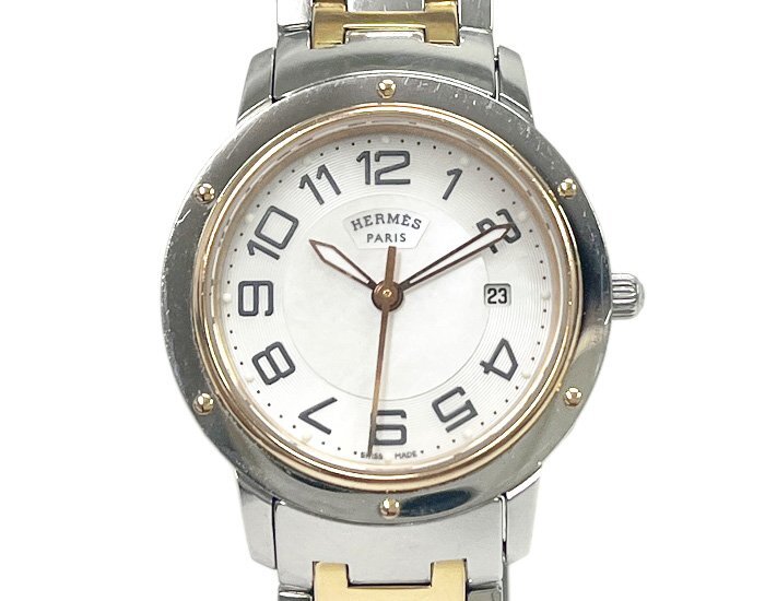HERMES エルメス レディース 腕時計 CP1.321 クリッパー クラシック コンビ ホワイトシェル文字盤 デイト クォーツ ヴィンテージ 稼働品の画像1