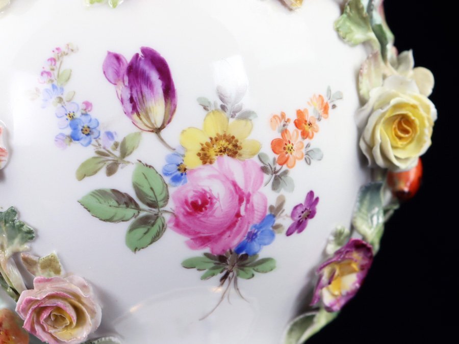 魁◆本物保証 Meissen オールドマイセン 花と実の浮彫花瓶 フラワーベース 5つ花 高さ19.5㎝ ボタン双剣 アンティークの画像8