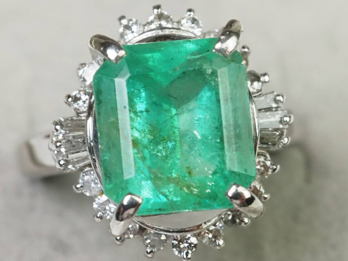 【3582A】Pt900プラチナ 天然エメラルド 天然ダイヤモンド E 4.15ct/D 0.41ct/9.34g リング 指輪 ♯15の画像3