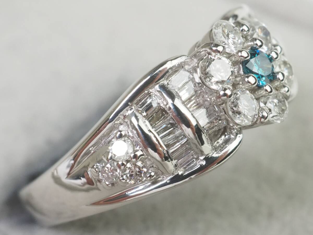 【3736P】Pt900プラチナ 天然ブルーダイヤモンド 天然クリアダイヤモンド 計0.60ct/0.05ct/0.55ct/5.7g リング 指輪 ♯14の画像5