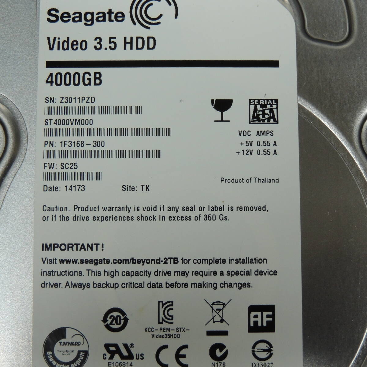 【検品済み】Seagate 4TB HDD ST4000VM000 (使用9446時間) 管理:キ-04の画像4