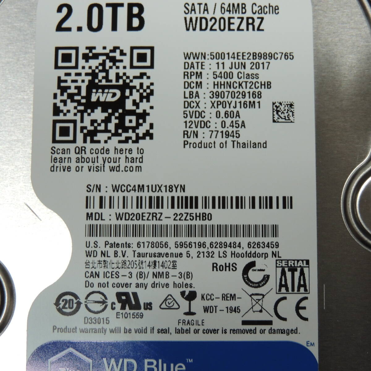 【2台まとめ売り/検品済み】WD 2TB HDD WD20EZRZ 【使用時間：9118h・9119h】 管理:キ-95の画像6