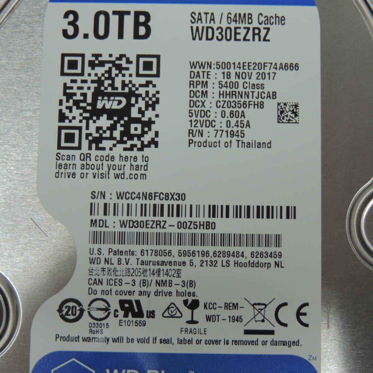 【検品済み/使用534時間】WD 3TB HDD WD30EZRZ 管理:ケ-71_画像4