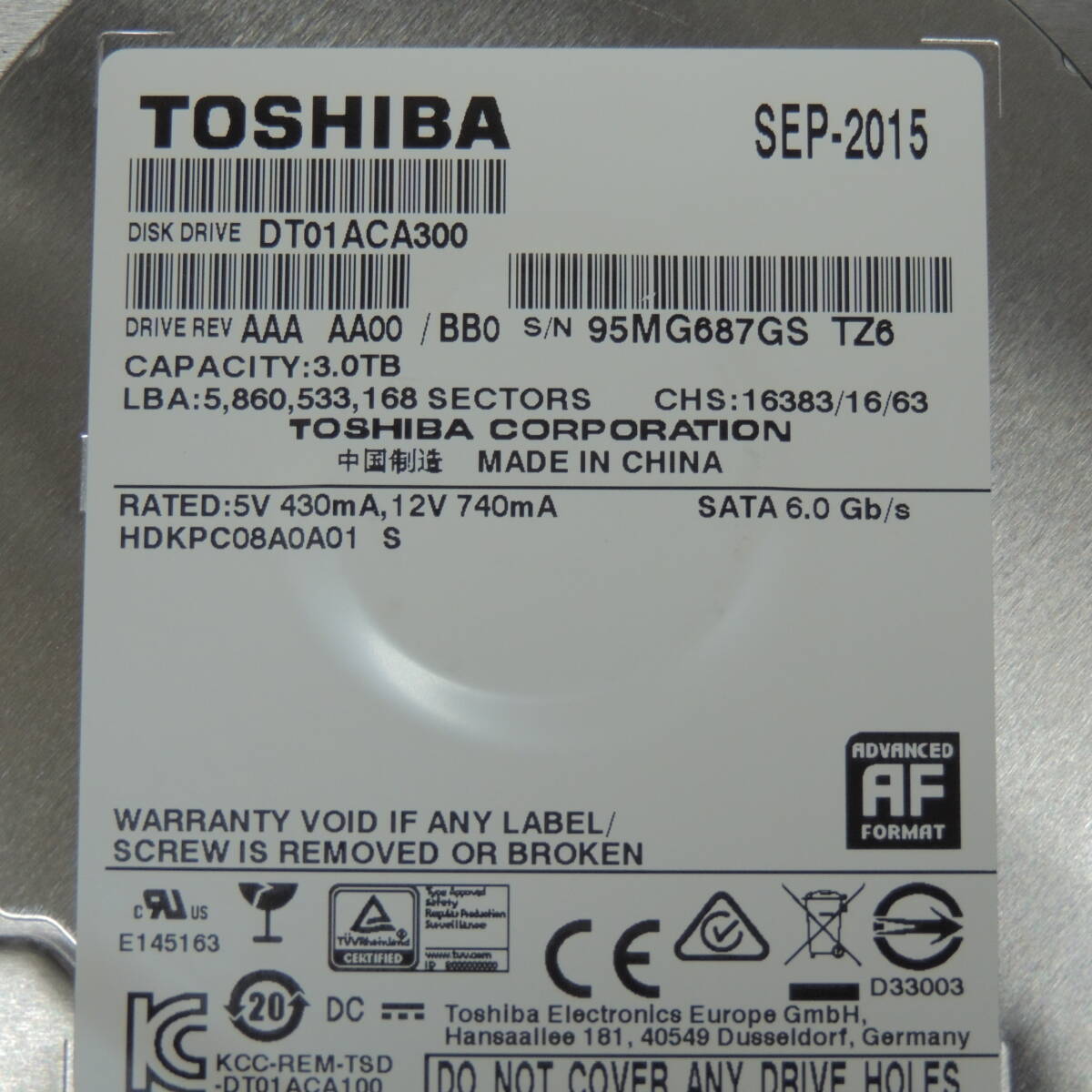 【検品済み/使用1126時間】TOSHIBA 3TB HDD DT01ACA300 管理:ケ-76_画像4