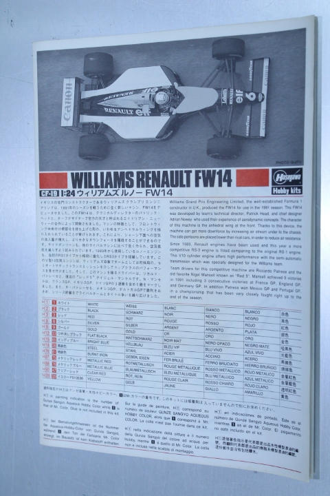 B22・ハセガワ　1/24　ウィリアムズ　ルノー　FW14　未組立て品　検）F1・HASEGAWA・Williams RENAULT_画像7