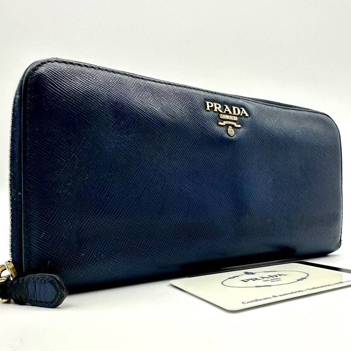 【美品】プラダ PRADA サフィアーノ 財布 長財布 ジッピーウォレット wallet 三角ロゴ ラウンドファスナー メンズ ネイビー レザーの画像1