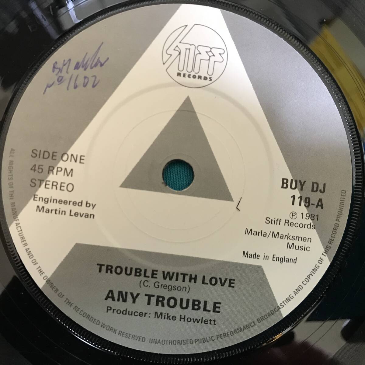 7”●Any Trouble / Trouble With Love UKプロモ盤 Stiff BUY DJ 119 パワーポップ の画像3