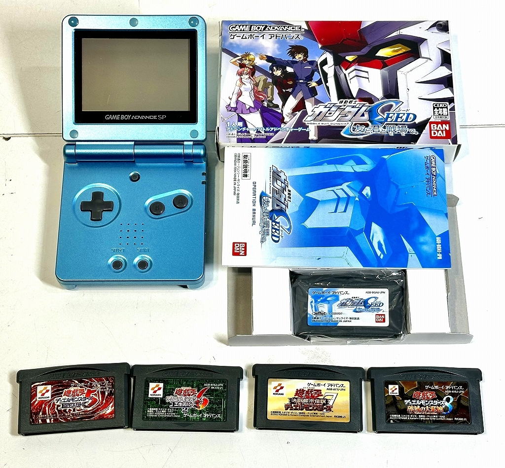 任天堂 中古ゲーム機本体 ゲームボーイアドバンスSP AGS-001 ソフト5本付属(ガンダムSEED、遊戯王)、古い物につきジャンク扱い_画像1