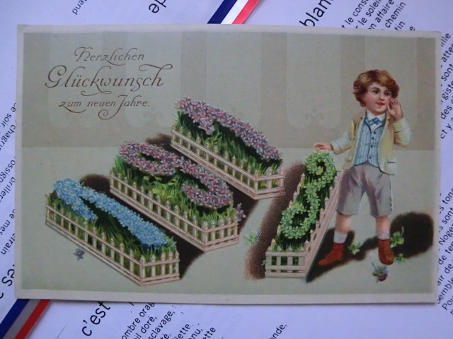アンティーク 古いポストカード・絵葉書  * 1903年号カード 綺麗に刈り込まれたお花の年号 * 1902年消印 の画像1