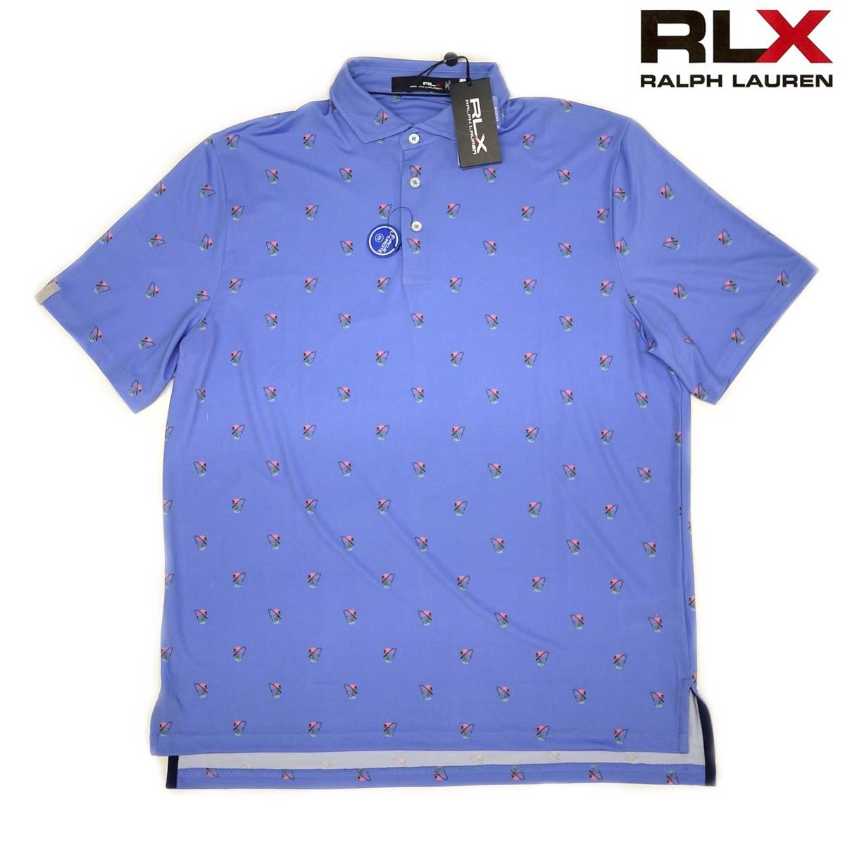 新品 RLX ラルフローレン 半袖ポロシャツ(US-L/日本-XL相当)ブルー フラミンゴ柄 吸湿発散&ストレッチ ゴルフ最適 RALPH LAUREN/ba1